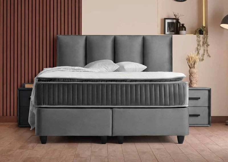 Casa Padrino Luxus Boxspringbett mit Kopfteil in Paneeloptik Grau 140 x 200 cm - Luxus Schlafzimmer Möbel