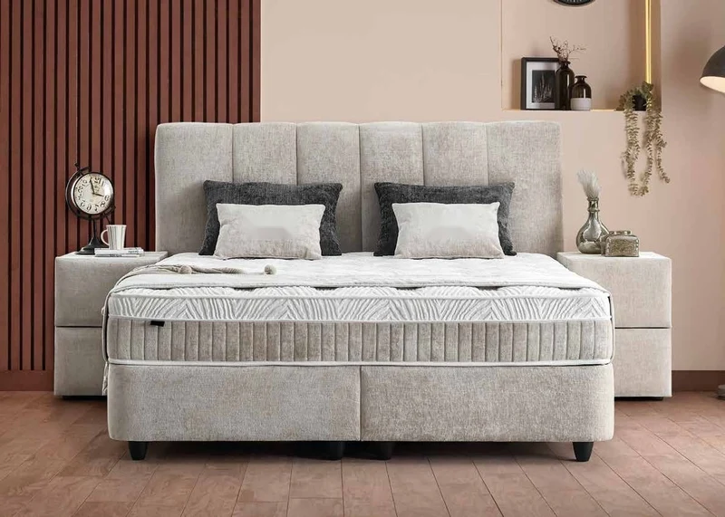 Casa Padrino Luxus Boxspringbett mit Kopfteil in Paneeloptik Beige 160 x 200 cm - Luxus Schlafzimmer Möbel